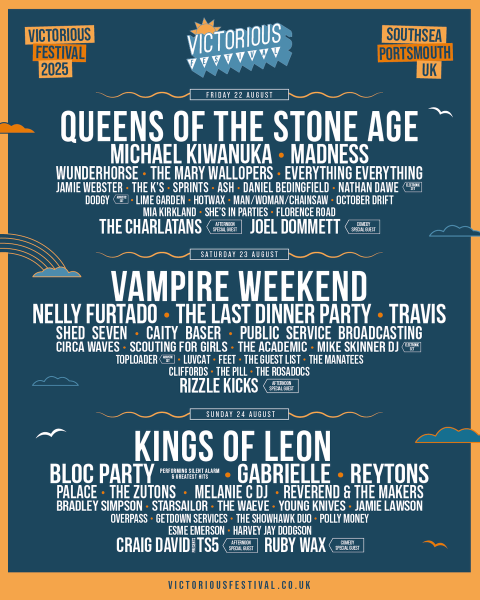 VictoriousFest's tweet photo. 💥BIG NEWS! We're SO excited to announce @KingsOfLeon , @qotsa  & @vampireweekend as our Victorious 2025 headliners!

👉Plus @NellyFurtado , @michaelkiwanuka , @MadnessNews , @lastdinnerparty , @blocparty, Gabrielle, @TravisBand , @TheReytons , @CraigDavid  TS5, @thecharlatans & so many more!

This year is going to be incredible! Make sure you’re there! 👇

Day tickets NOW ON SALE from Tickets starting from £70 a day - https://t.co/HSl5axSngW