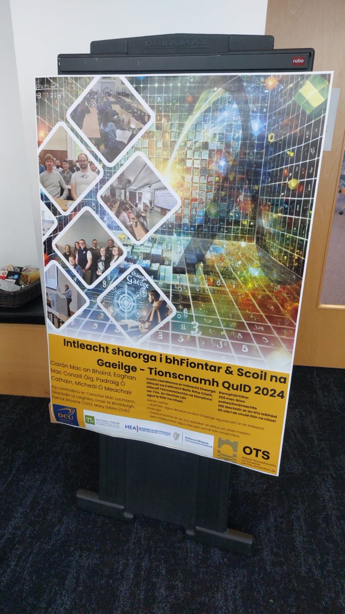 Thug an Dr Pádraig Ó Catháin cur i láthair póstaeir inné mar gheall ar thaighde &amp; sraith ceardlainne a reáchtáil sé féin agus baill foirne na Scoile anuraidh ar an intleacht shaorga agus an t-oideachas tríú leibhéal.
Tá an grúpa taighde buíoch de chiste QuID <a href="/DCU/">Dublin City University</a> as an tacaíocht.