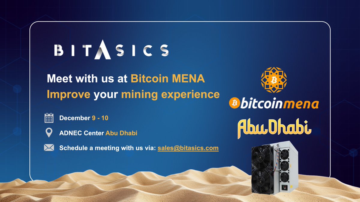 Bitasics's tweet image. #Bitasics will attend #BTC #MENA from December 09-10 in #AbuDhabi! Feel free to schedule a meeting or talk about your mining needs with us in person. Our CEO @YuNathaniel and COO Patrick Lee will be there! We are excited to experience the growth in the Middle East!