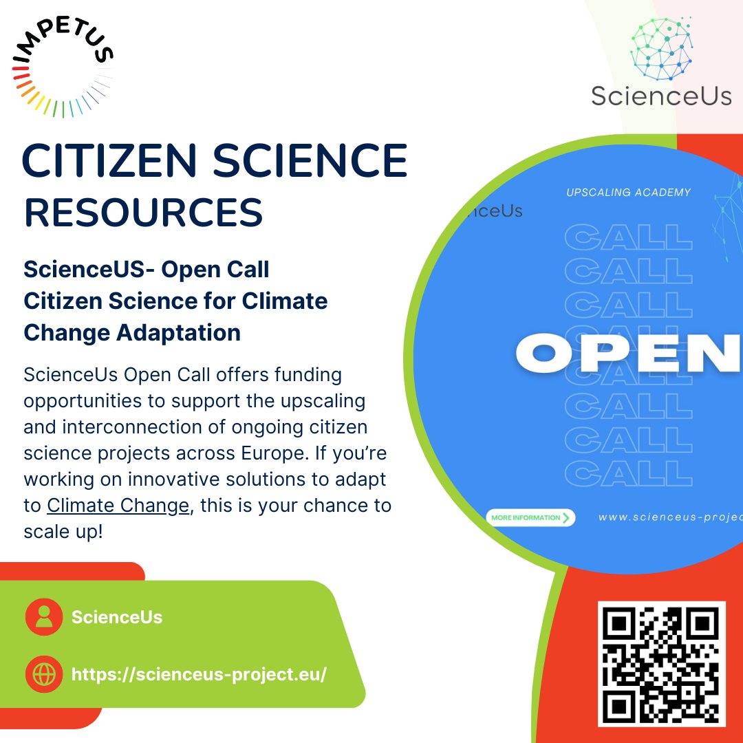 #CitizenScience Resources

<a href="/ScienceUs_Eu/">ScienceUs</a>  has an open call to scale up and connect outstanding #Citsci in different #research and technological areas relevant to the EU mission “Adaptation to #climatechange”

Deadline:Jan 6th 

Learn more-scienceus-project.eu #funding #support