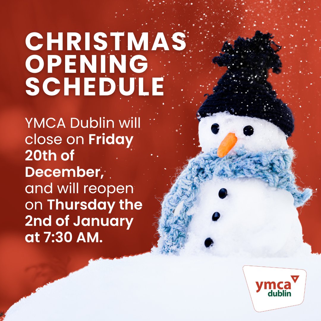 We’d like to share our opening and closing dates, so that you can plan accordingly this Christmas.❄
YMCA Dublin will close for Christmas on Friday the 20th of December, and will reopen on Thursday the 2nd of January at 7:30 am🎄