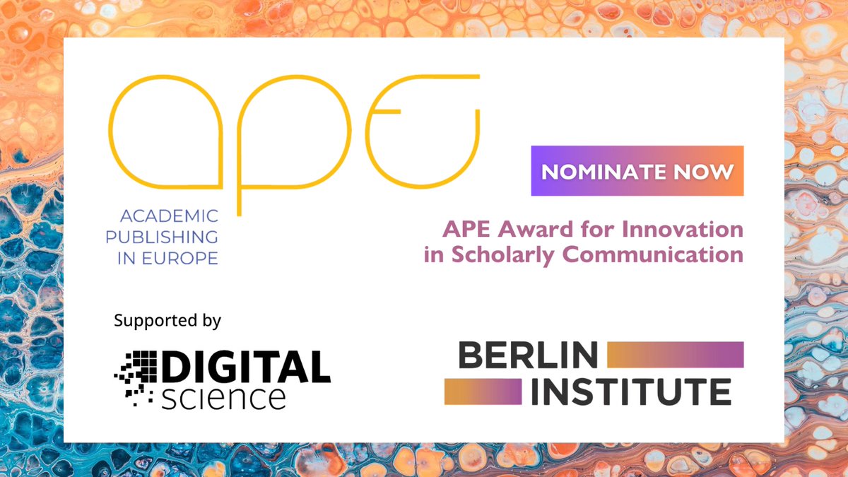Digital Science (@digitalsci) on Twitter photo Hurry - nominations close this month! The APE Award for Innovation in Scholarly Communication is open for entries until 15 December 2024. 🥇🏆🤩 #APE2025
Nomination is easy!
🔗 See all award details here: academicpublishingeurope.com/ape-award/
Proudly supported by <a href="/digitalsci/">Digital Science</a> & <a href="/BISP_Berlin/">Berlin Institute for Scholarly Publishing (BISP)</a> Hurry - nominations close this month! The APE Award for Innovation in Scholarly Communication is open for entries until 15 December 2024. 🥇🏆🤩 #APE2025
Nomination is easy!
🔗 See all award details here: academicpublishingeurope.com/ape-award/
Proudly supported by <a href="/digitalsci/">Digital Science</a> & <a href="/BISP_Berlin/">Berlin Institute for Scholarly Publishing (BISP)</a>