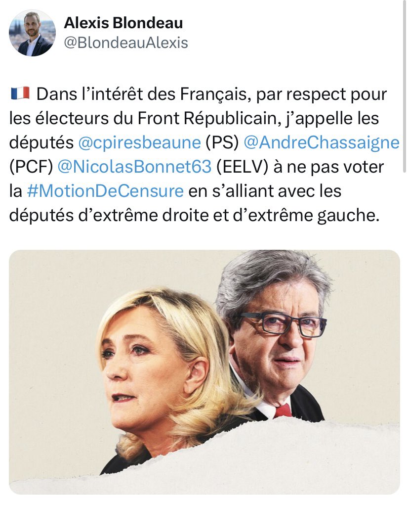 Culotté d'appeler au "respect du Front Républicain" après avoir marchandé jusqu'au bout avec l'extrême droite 🤡🤡
Infréquentables à la mairie, nous le redevenons à l’Assemblée nationale pour sauver votre majorité. #contradiction