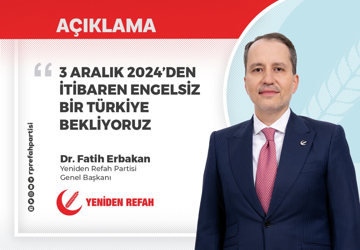 Genel Başkanımız Dr. Fatih Erbakan’ın ‘3 Aralık 2024’den İtibaren Engelsiz Bir Türkiye Bekliyoruz’ başlıklı yazılı basın açıklamasına aşağıdaki linkten ulaşabilirsiniz.⤵️
yenidenrefahpartisi.org.tr/page/3-aralik-…