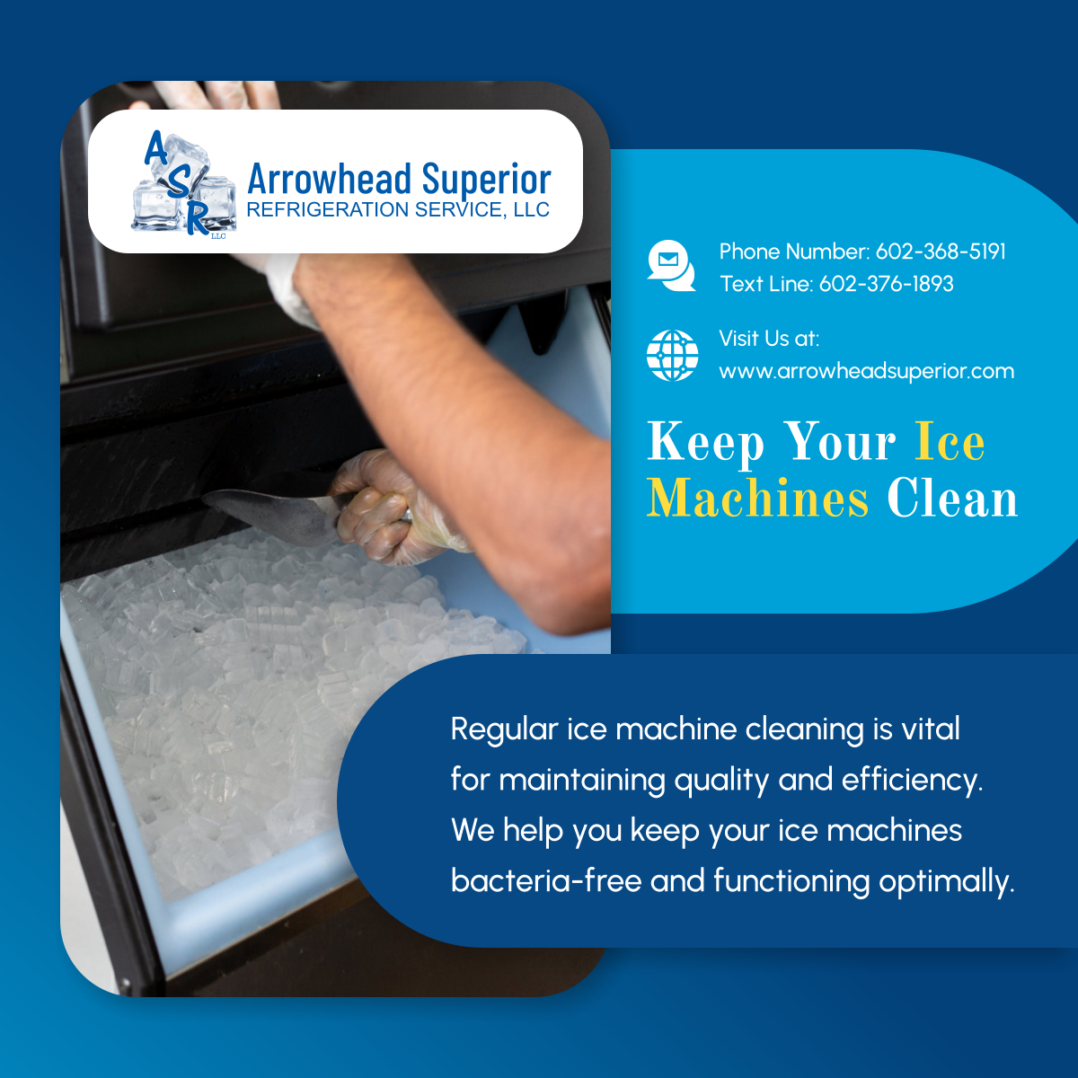 ASR_ASB2008's tweet image. Ensure top-notch ice quality with Arrowhead Superior Refrigeration Service, LLC's cleaning services. Protect your business and customers with regular maintenance. Call today for expert service!

#PeoriaAZ #CommercialRefrigerationServices #IceMachineCleaning #Efficiency