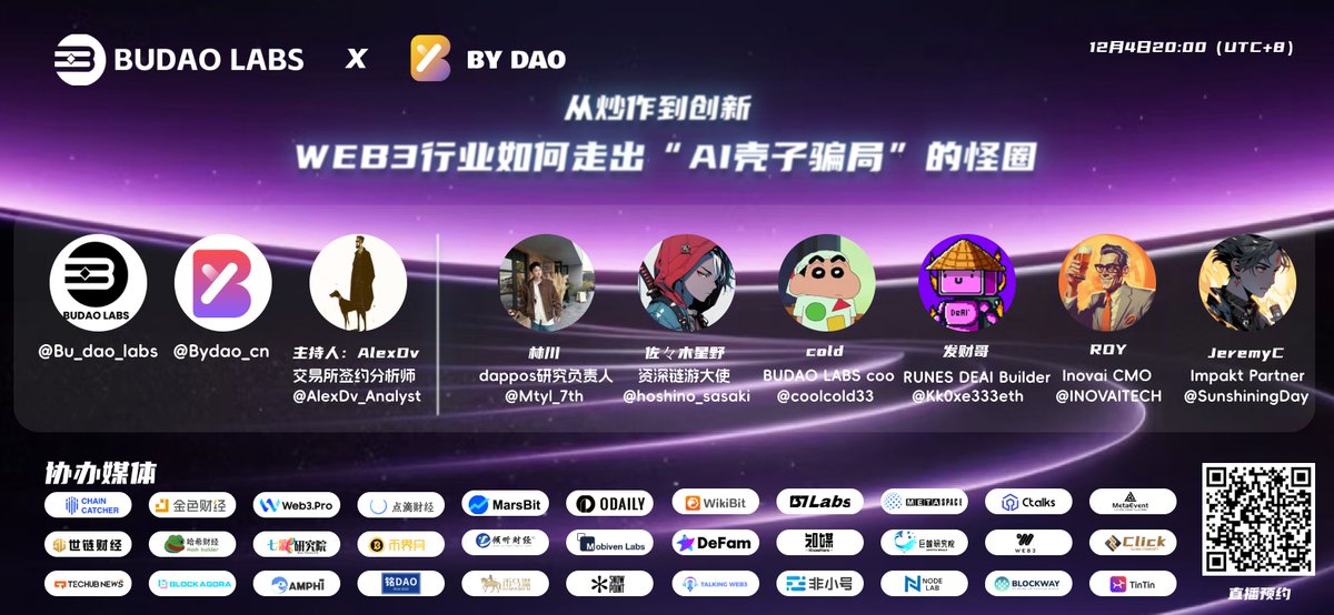 主题：从炒作到创新：WEB3行业如何走出‘AI壳子骗局’的怪圈？

时间：12月4日 20:00（UTC+8）

直播预约：x.com/i/spaces/1lPKq…

本次直播由 BUDAO LABS &amp; BYDAO 联合主办

🎙 今日主持人：交易所签约分析师AlexDv
<a href="/AlexDv_Analyst/">Top Player — AlexDv</a>
👥 今日分享嘉宾：dappos研究负责人 林川 <a href="/Mtyl_7th/">林川</a>
, 资深链游大使