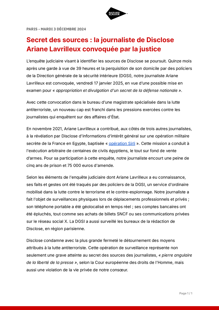 🔴La journaliste <a href="/AriaLavrilleux/">Ariane Lavrilleux</a> convoquée au tribunal en vue d'une mise en examen 

Le dossier révèle que la #DGSI l'a notamment suivie dans ses déplacements pro et privés

<a href="/Disclose_ngo/">Disclose</a> condamne le détournement des moyens de l'antiterrorisme pr tenter d'identifier nos sources!