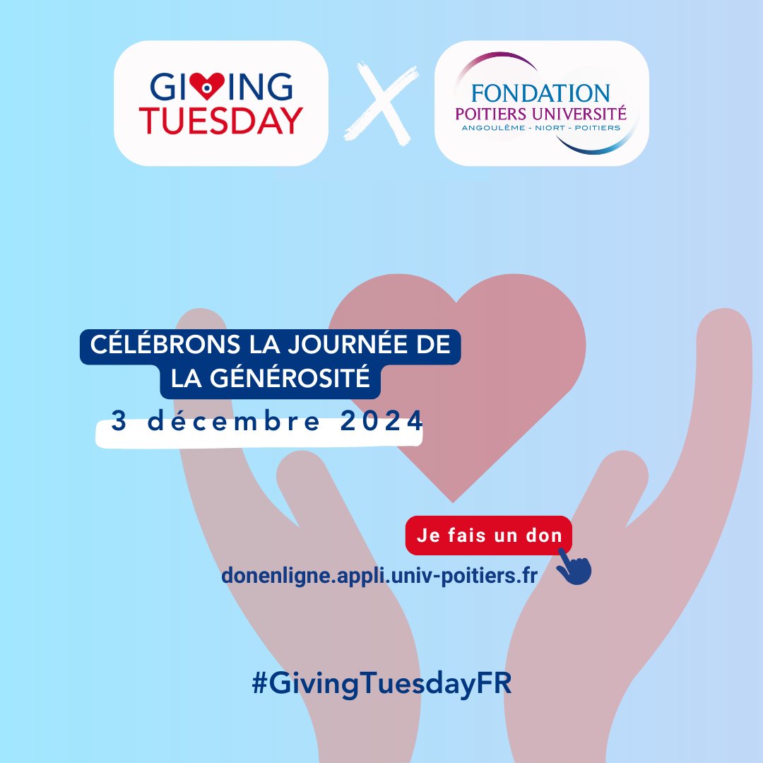 ❤️ À l'occasion du #GivingTuesday, journée mondiale de la #générosité, nous remercions tous nos mécènes pour leur confiance et leur engagement à nos côtés.

🚀 Votre don façonne l'avenir !

👐 Si vous souhaitez contribuer à nos actions : donenligne.appli.univ-poitiers.fr