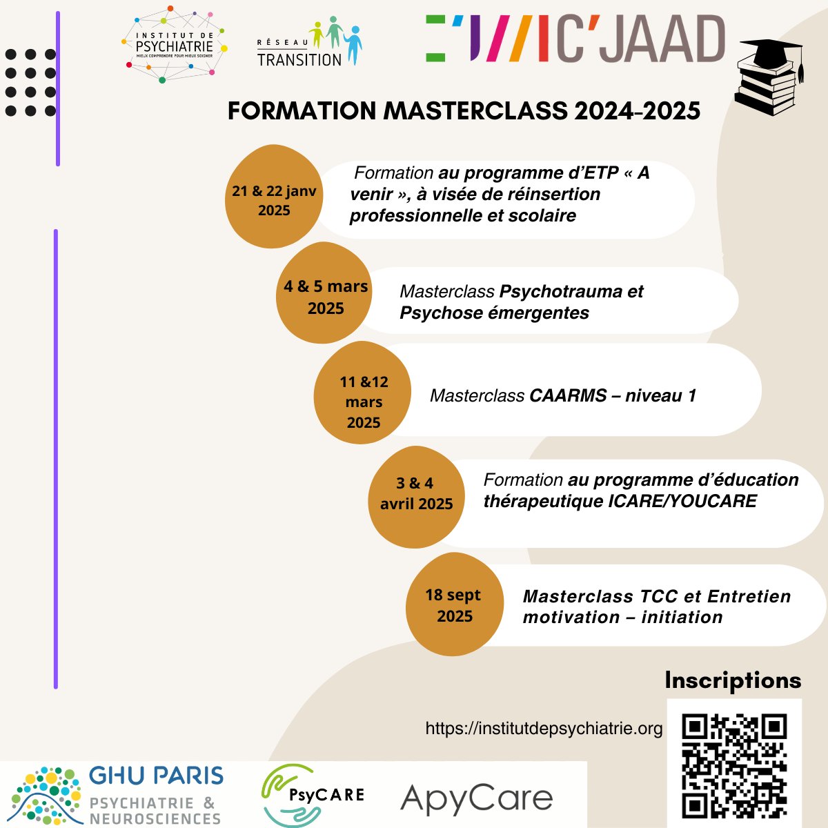 🗓️ Ne manquez pas nos événements santé mentale 2024-2025 !

🔹 Journée Transition (Nancy) – 10/01/2025
🔹 JIPEJAAD 18e édition – 30/04/2025
🎓 Masterclass 2025 :
✅ Psychotrauma &amp; Psychoses émergentes
✅ TCC et motivation

🌐 Infos et inscriptions 👉 institutdepsychiatrie.org