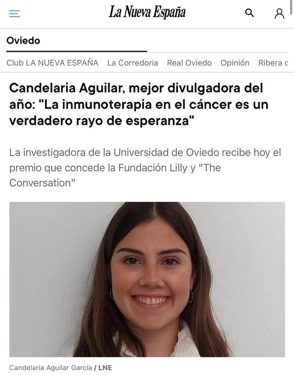 Inmunología Tumoral (@immunofighters) on Twitter photo Nuestra investigadora predoctoral Candelaria Aguilar ha recibido el primer premio de divulgación sobre medicina y salud 2024 - The Conversation y Fundación Lilly 👏🏼#CitasCiencia <a href="/FundacionLilly/">Fundación Lilly</a> <a href="/Conversation_E/">The Conversation ES</a> <a href="/ContraCancerAST/">Asociación Contra el Cáncer Asturias</a> <a href="/ContraCancerEs/">Asociación Española Contra el Cáncer</a> <a href="/IUOPA/">IUOPA</a> <a href="/FINBAsturias/">FINBA</a> <a href="/lanuevaespana/">La Nueva España</a> Nuestra investigadora predoctoral Candelaria Aguilar ha recibido el primer premio de divulgación sobre medicina y salud 2024 - The Conversation y Fundación Lilly 👏🏼#CitasCiencia <a href="/FundacionLilly/">Fundación Lilly</a> <a href="/Conversation_E/">The Conversation ES</a> <a href="/ContraCancerAST/">Asociación Contra el Cáncer Asturias</a> <a href="/ContraCancerEs/">Asociación Española Contra el Cáncer</a> <a href="/IUOPA/">IUOPA</a> <a href="/FINBAsturias/">FINBA</a> <a href="/lanuevaespana/">La Nueva España</a>