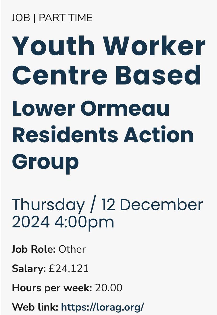 🗣️Job Opportunities with our member organisation Lower Ormeau Residents Action Group (LORAG) 

More info; communityni.org/job/youth-work…