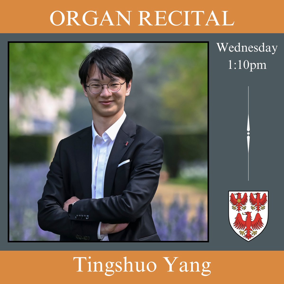 Our final Organ Recital of this term will be given tomorrow by Tingshuo Yang, Junior Organ Scholar at St John’s Cambridge.

Chapel and online, Wednesday at 1:10pm. Free admission.

Full bio, programme, and livestream:

queenschoir.com/organ-recitals