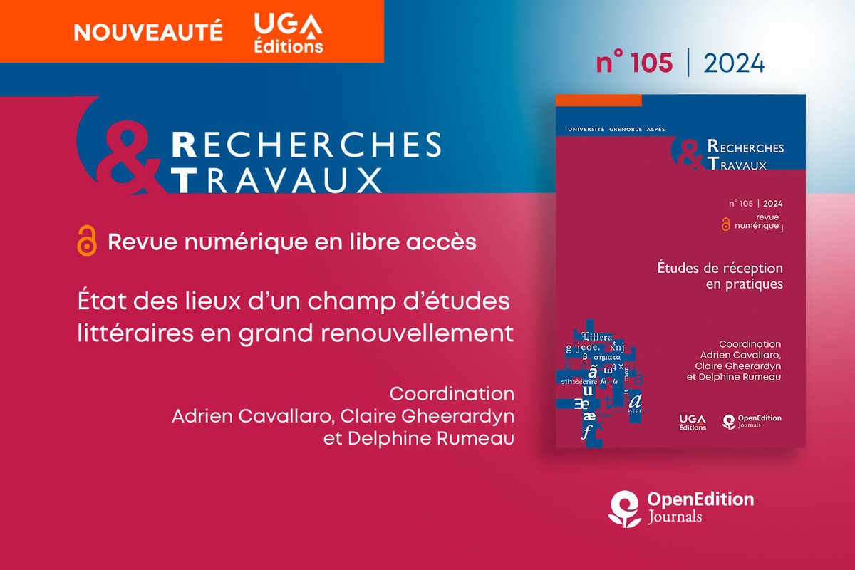 UGA Éditions (@uga_editions) on Twitter photo #Parution//✍️État des lieux d’1 champ d’études littéraires en grand renouvellement📢n°105 de la #revue “Recherches & Travaux” en ligne & en libre accès journals.openedition.org/recherchestrav…
<a href="/UGrenobleAlpes/">Université Grenoble Alpes</a> @LittArts <a href="/LettresSorbonne/">Faculté des Lettres Sorbonne Université</a> <a href="/UnivRennes_2/">Université Rennes 2</a> <a href="/OpenEditionActu/">OpenEdition</a>
#méthodologie #littérature #Parution//✍️État des lieux d’1 champ d’études littéraires en grand renouvellement📢n°105 de la #revue “Recherches & Travaux” en ligne & en libre accès journals.openedition.org/recherchestrav…
<a href="/UGrenobleAlpes/">Université Grenoble Alpes</a> @LittArts <a href="/LettresSorbonne/">Faculté des Lettres Sorbonne Université</a> <a href="/UnivRennes_2/">Université Rennes 2</a> <a href="/OpenEditionActu/">OpenEdition</a>
#méthodologie #littérature