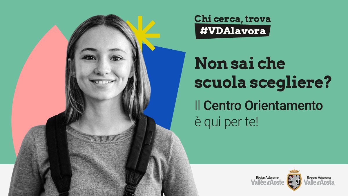 Lavoro Regione VdA (@lavororegvda) on Twitter photo 📚 Ti serve supporto per scegliere le scuole superiori?
Il Centro orientamento offre consulenze individuali per studenti di seconda e terza media e i loro genitori, per esplorare insieme i percorsi scolastici e formativi.
Scrivici a centrorientamento@regione.vda.it
#VDALavora 📚 Ti serve supporto per scegliere le scuole superiori?
Il Centro orientamento offre consulenze individuali per studenti di seconda e terza media e i loro genitori, per esplorare insieme i percorsi scolastici e formativi.
Scrivici a centrorientamento@regione.vda.it
#VDALavora