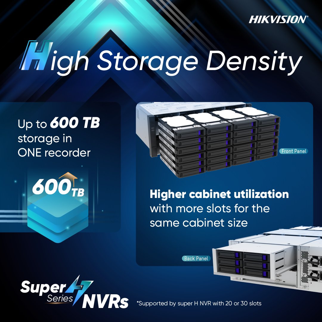 HikvisionHQ's tweet photo. ✨ Check out Hikvision's Super H Series NVRs! With an incredible storage capacity of **up to 600TB** in a SINGLE recorder Plus, enjoy higher cabinet utilization with MORE slots for compact setups! 💪🔒 #Hikvision #SuperH #NVR https://t.co/IuaJHrHewb