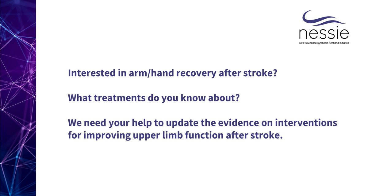 What treatments for arm/hand recovery after stroke do you know about? We are updating a Cochrane overview:  Interventions for improving UL function after stroke cochranelibrary.com/cdsr/doi/10.10……For more details and to get in touch visit our web page: usher.ed.ac.uk/nessie-nihr-ev… #UKSF24