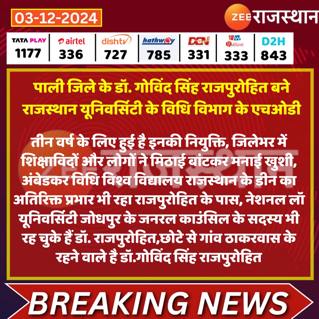 zeerajasthan_'s tweet photo. #Pali पाली जिले के डॉक्टर गोविंद सिंह राजपुरोहित बने राजस्थान यूनिवर्सिटी के विधि विभाग के एचओडी

@PaliSubhash  #LatestNews #RajasthanNews #RajasthanWithZee #rajasthanuniversity https://t.co/PS5utxy6Ic