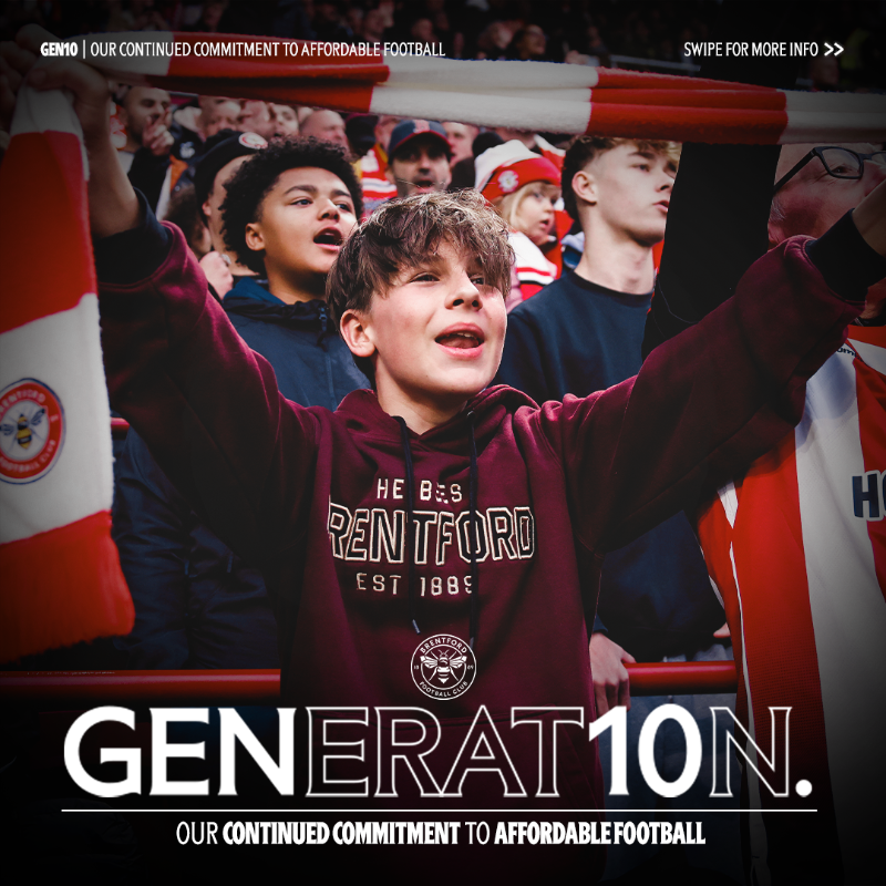 BrentfordFC's tweet photo. Introducing 𝗚𝗲𝗻𝟭𝟬, our new initiative to keep football affordable for the next generation 🤝
 
For the rest of this season, travelling junior Bees fans, and U18's visiting the Gtech, will pay no more than £10 to watch Brentford in the @premierleague
 
#BrentfordFC 🔴