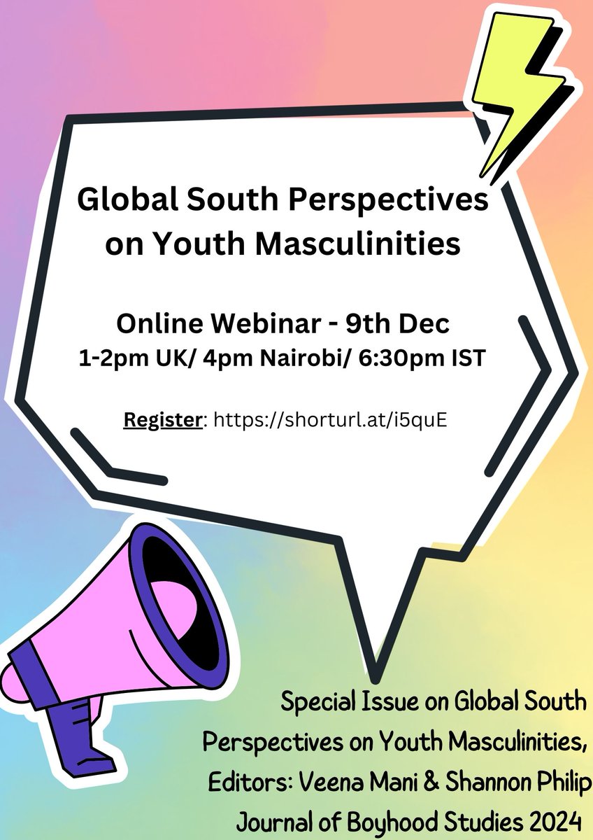 Shannon Philip (@shannonkphilip) on Twitter photo Launching our Special Issue on Global South Perspectives on Youth Masculinities with a panel discussion with our authors.
Register here: shorturl.at/i5quE
Read the free intro to our Special Issue: shorturl.at/M15HA
<a href="/VeenaVimalaMani/">Veena Mani</a> <a href="/BoyhoodStudies/">BoyhoodStudies</a> <a href="/berghahnbooks/">Berghahn Books</a> Launching our Special Issue on Global South Perspectives on Youth Masculinities with a panel discussion with our authors.
Register here: shorturl.at/i5quE
Read the free intro to our Special Issue: shorturl.at/M15HA
<a href="/VeenaVimalaMani/">Veena Mani</a> <a href="/BoyhoodStudies/">BoyhoodStudies</a> <a href="/berghahnbooks/">Berghahn Books</a>