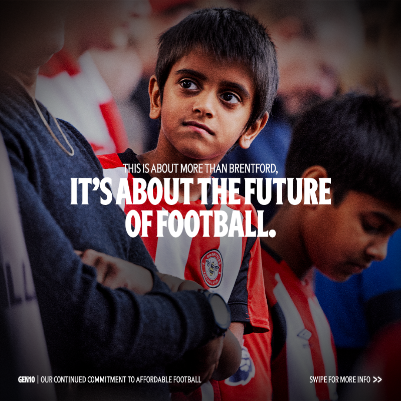 BrentfordFC's tweet photo. Introducing 𝗚𝗲𝗻𝟭𝟬, our new initiative to keep football affordable for the next generation 🤝
 
For the rest of this season, travelling junior Bees fans, and U18's visiting the Gtech, will pay no more than £10 to watch Brentford in the @premierleague
 
#BrentfordFC 🔴