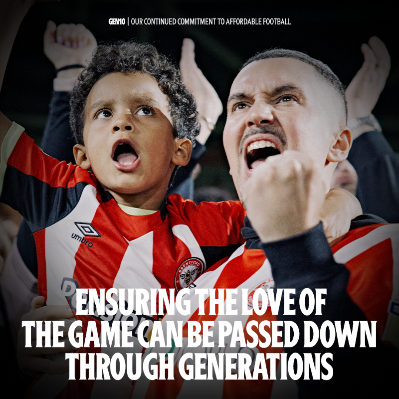 BrentfordFC's tweet photo. Introducing 𝗚𝗲𝗻𝟭𝟬, our new initiative to keep football affordable for the next generation 🤝
 
For the rest of this season, travelling junior Bees fans, and U18's visiting the Gtech, will pay no more than £10 to watch Brentford in the @premierleague
 
#BrentfordFC 🔴