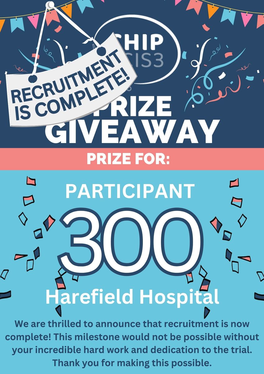 CHIP_BCIS3's tweet image. Recruitment is complete!🥳🤩
Congratulations to @RBandH @VPanoulas @SaadEzad and co for recruiting the 300th and final participant.
Thank you to all our collaborators and patients for making this possible!