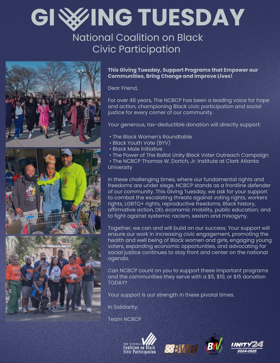 NCBCP (@ncbcp) on Twitter photo This #GivingTuesday! Support the National Coalition on Black Civic Participation, Black Women’s Roundtable, and Black Youth Vote as we continue to empower, communities, uplift Black voices and improve lives! 
 Donate Now: secure.actblue.com/donate/campaig… This #GivingTuesday! Support the National Coalition on Black Civic Participation, Black Women’s Roundtable, and Black Youth Vote as we continue to empower, communities, uplift Black voices and improve lives! 
 Donate Now: secure.actblue.com/donate/campaig…