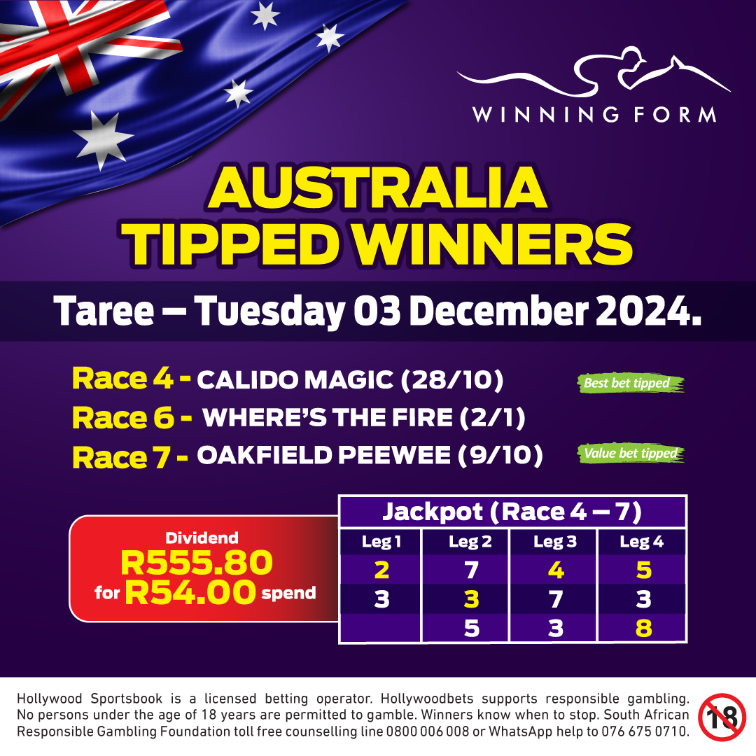 Hollywoodbets's tweet photo. PeTeBe was in good form on today at Taree, as he tipped his Jackpot and three winners including his Value bet and his Best bet!π€©πΒ You can find his Australian tips on the Hollywoodbets Sports Blog.
Read more:Β https://t.co/xijAaCAOih
#HWBTWT #WinningForm #HorseRacing https://t.co/VtQ22bUOrz