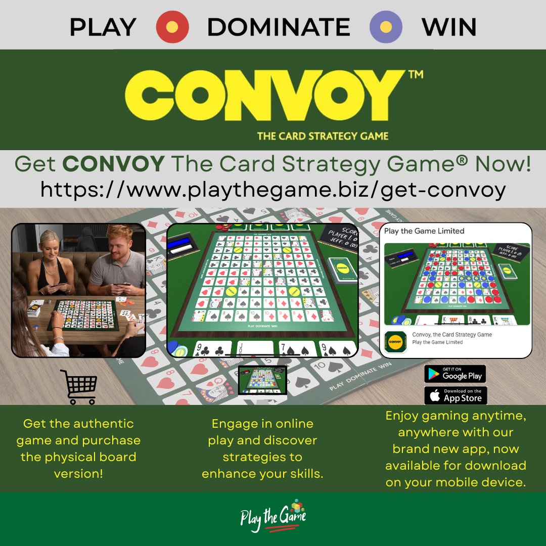Takeapuntgroup's tweet photo. Get, CONVOY The Card Strategy Game® Now!
This game is a perfect blend of strategy and excitement, which you can now play in 3 different ways!
As a traditional physical board game.
Online
And now the new apps on iOS and Android
https://t.co/mdKu3mg3La
#TAPinto #games https://t.co/theBsXBNoh