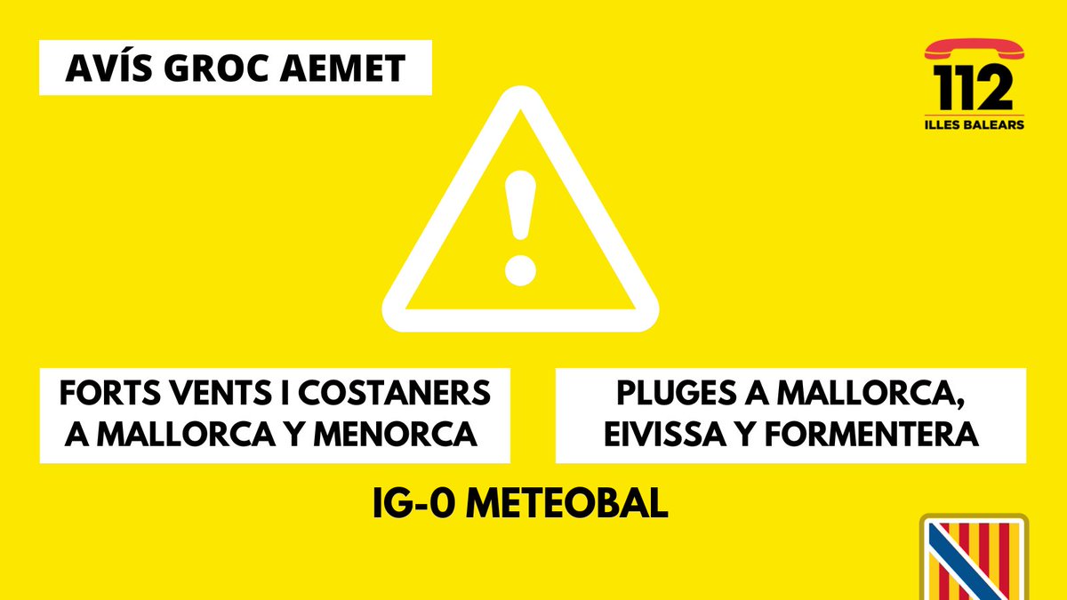 ⚠️Activat l'Índex de Gravetat 0 del pla Meteobal:

🟡Per pluges a Mallorca, Eivissa i Formentera amb precipitacions que podrien arribar als 20l/hora.

🟡Per forts vents i fenòmens costaners a Mallorca i Menorca amb ratxes de vent de 70 km/h i ones de 3-4 metres.

MOLTA