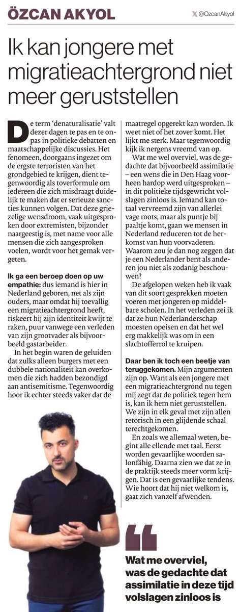 Rake column van <a href="/OzcanAkyol/">Özcan Akyol</a> over een gevaarlijke tendens in Nederland: “Ik kan jongere met migratieachtergrond niet meer geruststellen.”
“Wie hoort dat hij niet welkom is, gaat zich vanzelf afwenden.”