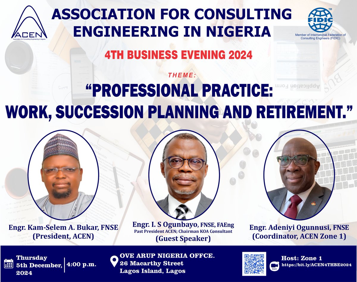 This Thursday at our 4th Business Evening, Engr. I. S. Ogunbayo, FNSE, FAEng (ACEN Past President and Chairman KOA Consultants) will explore the key aspects of retirement planning and work succession, providing insights and strategies for a smooth transition.