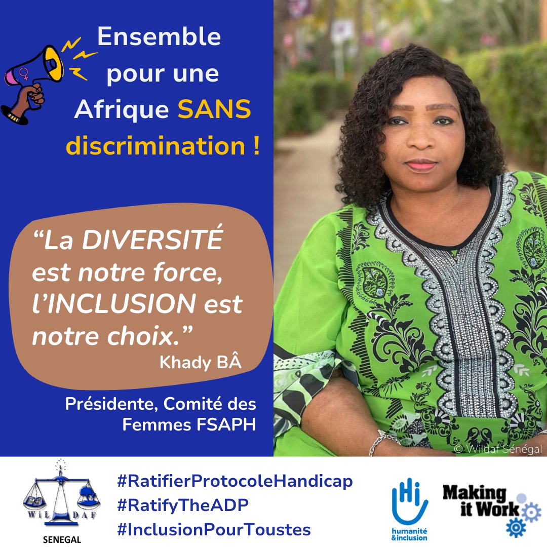 WildafSenegal's tweet photo. ''La diversité est notre force, l’inclusion est notre choix”, nous dit Khady Ba, Présidente du comité des femmes FSAPH, à l’occasion de la Journée internationale des personnes handicapées célébrée chaque 3 décembre.
#RatifierleProtocoleHandicap 
#InclusionPourToutes https://t.co/KkEBMiLKrz