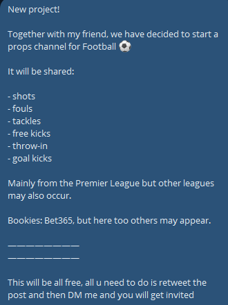 Tipstertbet's tweet photo. New project!

Together with my friend, we have decided to start a props channel for Football ⚽️

It will be shared:

- shots
- fouls
- tackles
- free kicks
- throw-in
- goal kicks

This will be all free, all u need to do is retweet the post and then DM me and you will get invited https://t.co/RSSuHzTXme
