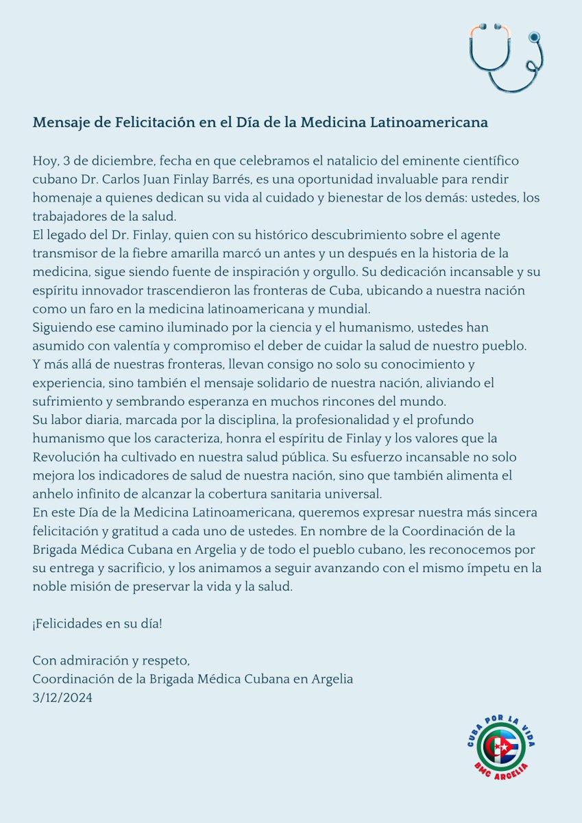 🌍 En el #DíaDeLaMedicinaLatinoamericana honramos su entrega y profesionalismo. Inspirados por el legado de Carlos J. Finlay, ¡gracias por cuidar la vida! 🩺✨ 

#CubaCoopera #Solidaridad