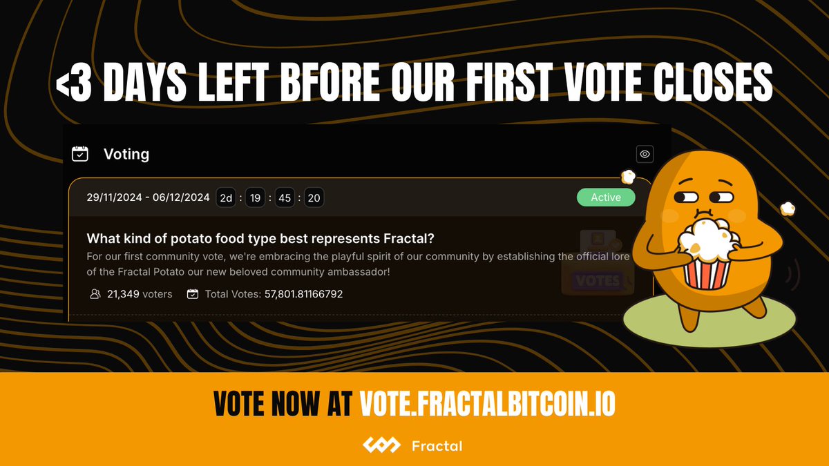 fractal_bitcoin's tweet photo. 🗳️ We’ve crossed 20,000 voters on https://t.co/Rh71994oqH!

Hurry, we have less than 3 days left to decide which type of potato gets turned into a sticker. 🥔 It’s in your hands!

Still undecided on which potato to vote for? Try our quiz here: https://t.co/KpYTjjF3Sw https://t.co/3loI8dLZLL