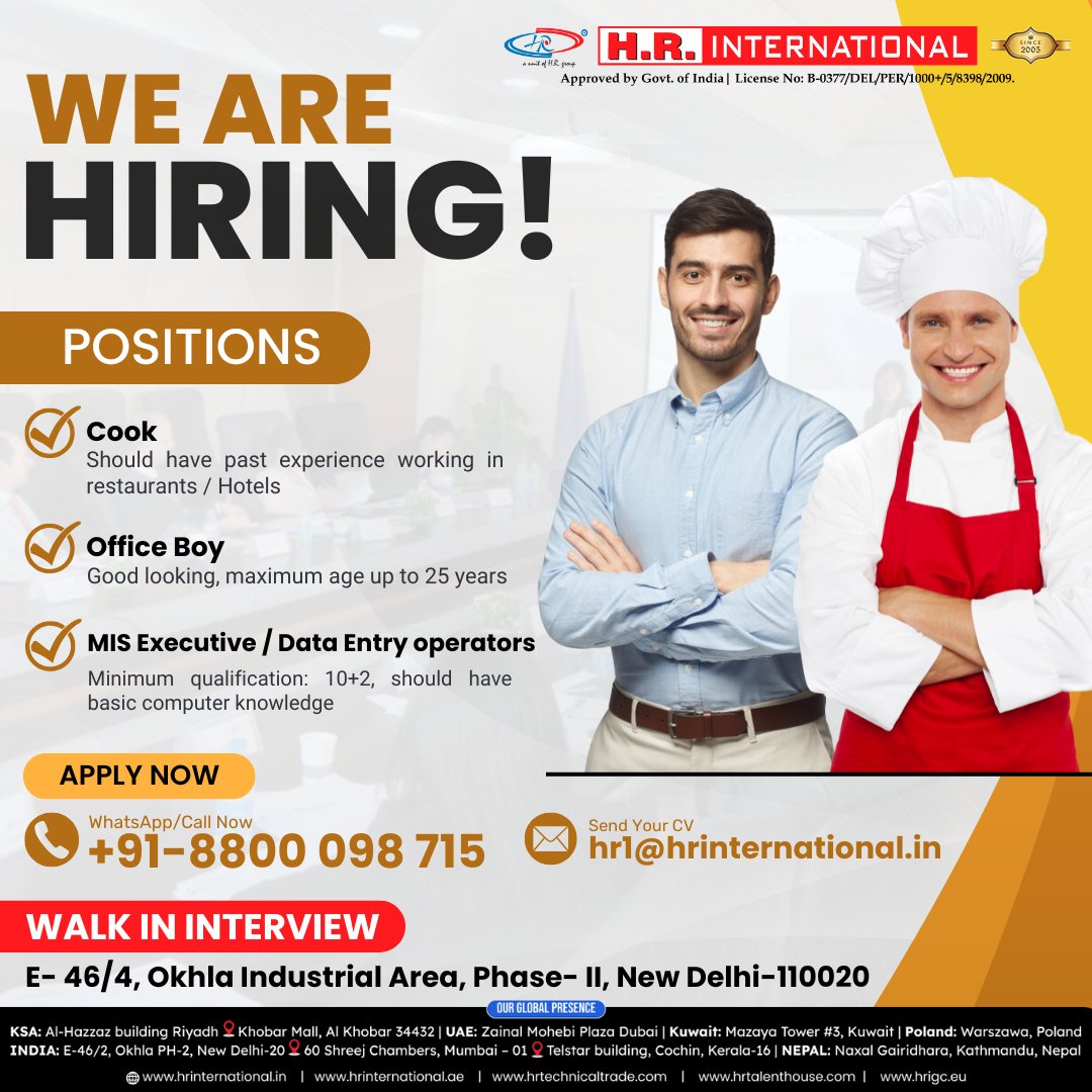 EuropeHr40353's tweet photo. 🚨 𝐖𝐄 𝐀𝐑𝐄 𝐇𝐈𝐑𝐈𝐍𝐆! 🚨
We’re looking for dynamic and skilled individuals to join our team! Check out the exciting positions available: #Cook, #OfficeBoy, #MISExecutive / #DataEntryoperators #HiringNow

𝐖𝐡𝐚𝐭𝐬𝐀𝐩𝐩/𝐂𝐚𝐥𝐥: 📞+91-8800 098 715 https://t.co/cUQ7amFPuB