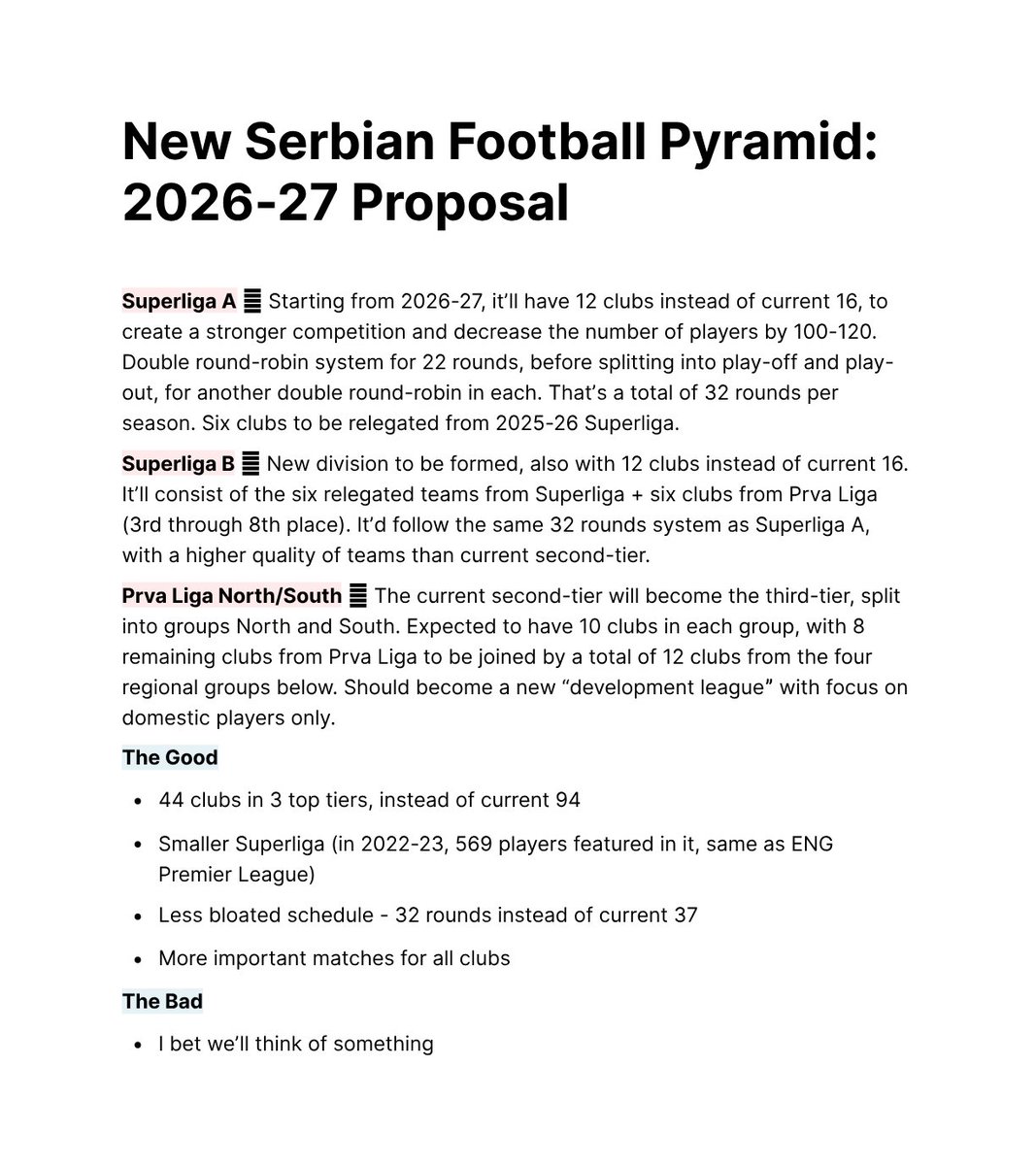 MarkovicNeb's tweet image. 🆕 Yesterday, Serbian FA 🇷🇸 announced details for the proposed changes to the domestic football pyramid.
Expected TBC in early 2025 & start from the 2026-27 season.
For me, unexpectedly positive changes.
Here are the key things to know, with other details yet to be decided 👇