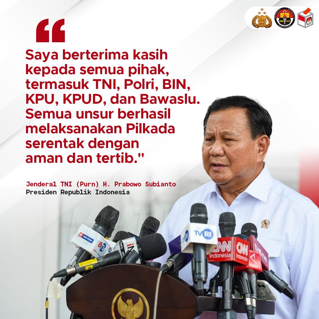 Presiden Republik Indonesia Jenderal TNI (Purn) H. Prabowo Subianto mengapresiasi pelaksanaan Pilkada Serentak 2024 yang dinilai berlangsung aman dan tertib.  Pernyataan itu disampaikan Presiden RI dalam Sidang Kabinet Paripurna di Istana Negara, Jakarta Pusat, Senin (2/12).