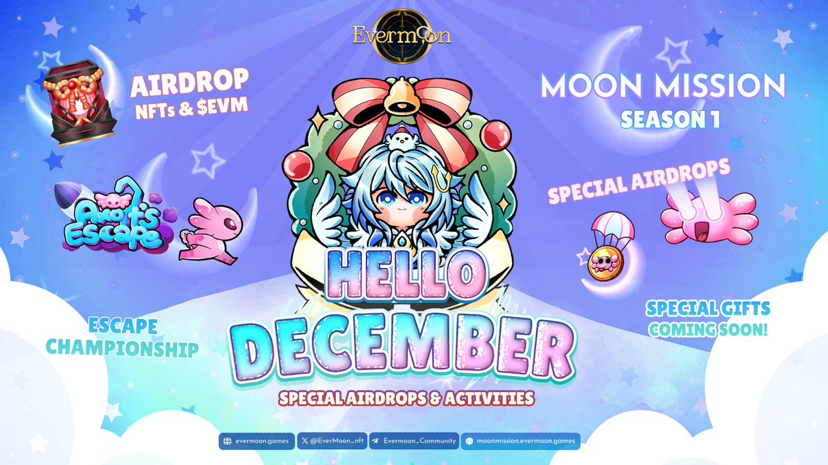 Evermoon | MOBA (@evermoon_nft) on Twitter photo 🎉 It's December, the month for celebration! 🎉
Here's what's coming up for you with Evermoon:
🚀 Moon Mission Season 1 with $EVM and many NFTs rewards
👾 Axolt's Escape with more features, more skin, more fun! <a href="/Axoltsescape/">Axolt’s Escape</a>
🎁 Surprise airdrop
🤩 Special rewards
And so 🎉 It's December, the month for celebration! 🎉
Here's what's coming up for you with Evermoon:
🚀 Moon Mission Season 1 with $EVM and many NFTs rewards
👾 Axolt's Escape with more features, more skin, more fun! <a href="/Axoltsescape/">Axolt’s Escape</a>
🎁 Surprise airdrop
🤩 Special rewards
And so