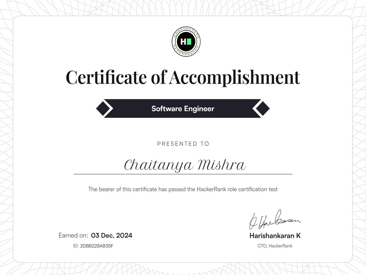 chaitanya_09_m's tweet image. 🎉 Excited to share that I&apos;ve earned the Software Engineer Certificate of Accomplishment from @hackerrank!
This certification validates my skills in Problem Solving, SQL, and REST APIs.
Ready to tackle new challenges &amp;amp; grow further!
#HackerrankCertified #SoftwareEngineer #Coding
