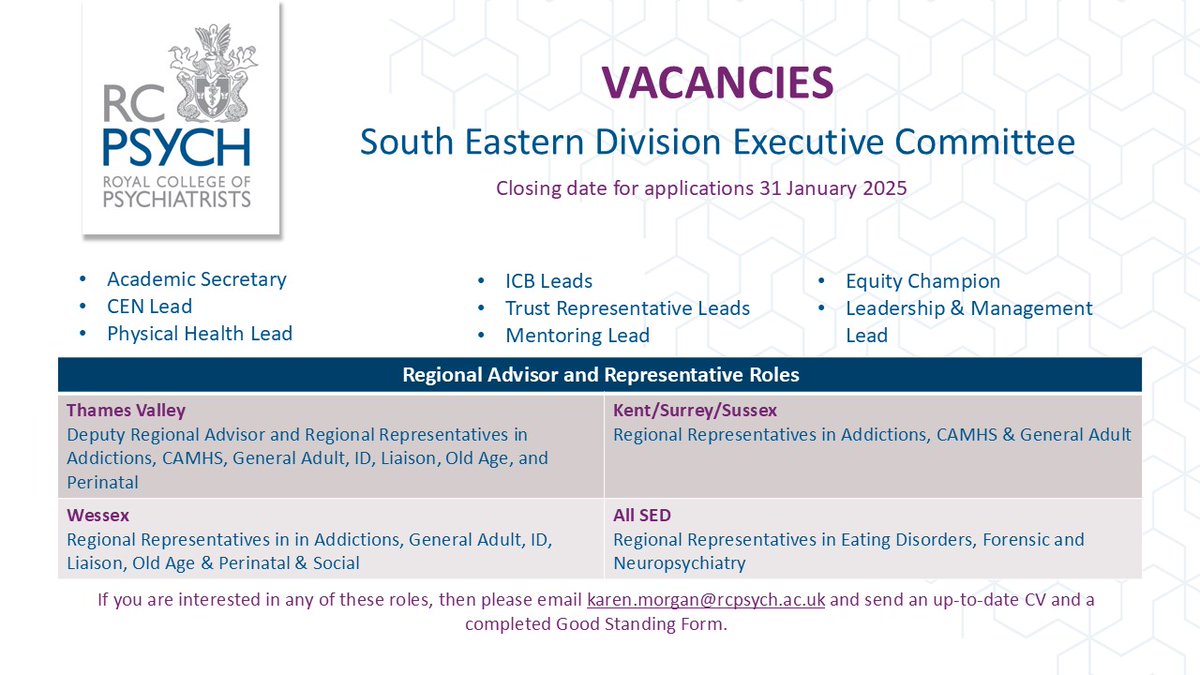 Would you like to make a difference and be part of what happens in your region? The South Eastern Division have some fantastic opportunities to get involved. Apply today to become part of the Executive Committee. rcpsych.ac.uk/members/englan…