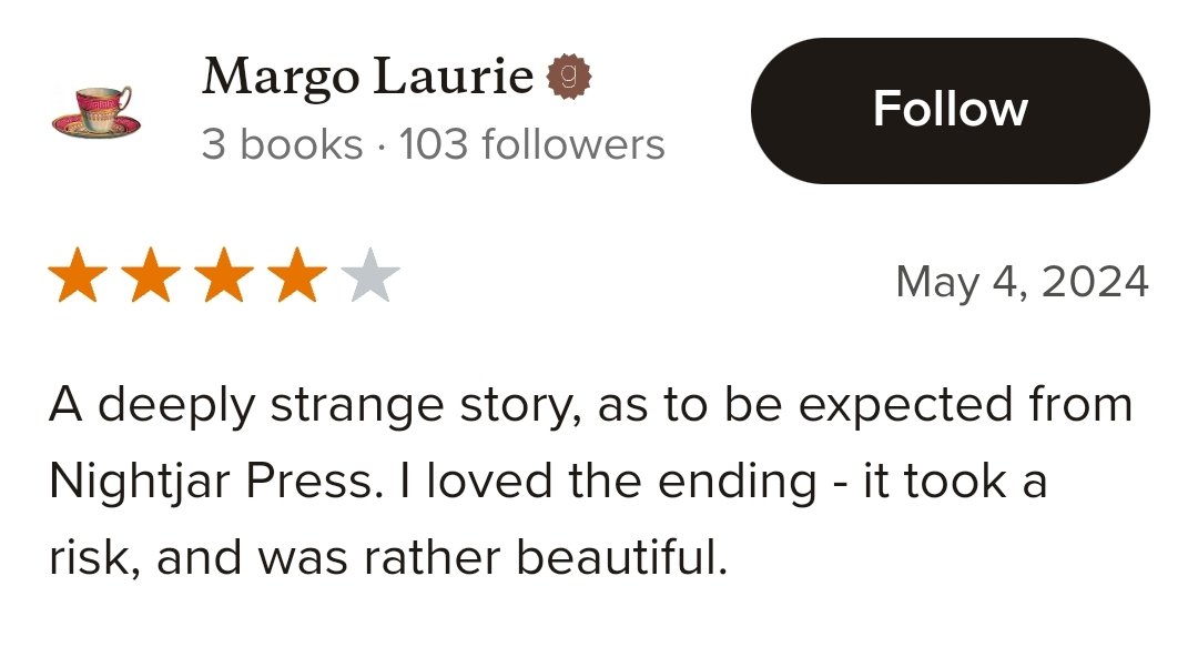 Jim Gibson (@jimmmmmbo) on Twitter photo I've just seen this review of my <a href="/nightjarpress/">Nightjar Press</a> chapbook 'A Symbol of a Memory' on Goodreads and I'm proper chuffed.
'Beautiful'
Sublime.
āļø I've just seen this review of my <a href="/nightjarpress/">Nightjar Press</a> chapbook 'A Symbol of a Memory' on Goodreads and I'm proper chuffed.
'Beautiful'
Sublime.
āļø