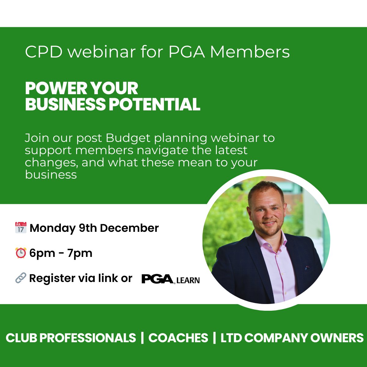 📢 An exclusive webinar for <a href="/ThePGA/">The PGA</a> members

How do the recent changes in the Budget affect you and your business?

💵 Tax Efficiency
⚠️ Risk mitigation
😃 Financial Independence 

⏰Monday 9th November - 6pm-7pm

Register 👉 sjp-co-uk.zoom.us/webinar/regist…

<a href="/PGA_Learn/">PGA Learn</a>