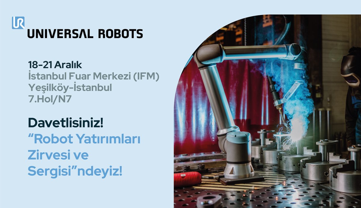 📣Davetlisiniz! 
18-21 Aralık “Robot Yatırımları Zirvesi ve Sergisi”ndeyiz! 

7. Hol/N7 numaralı standımızda #cobot’larla kaynak, paletleme, dağıtma, kalite kontrolü, alma-bırakma, çapak alma, makine besleme gibi canlı demo uygulamalarını sergileyeceğiz👉 robotzirveleri.ftsonlineregistry.com/?lng=tr