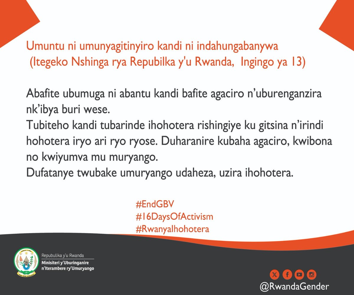 Uyu munsi mpuzamahanga wo kuzirikana abafite ubumuga, ni umwanya wo kuzirikana uburenganzira bwabo, tubiteho kandi tubarinde ihohotera.
Twubake umuryango uzira ihohotera
#RwanyaIhohotera
#EndGBV