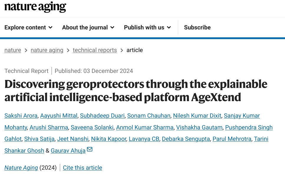 Ahuja Lab (@ahuja_77) on Twitter photo 🎉 Big news! 🎉 Our AI platform, AgeXtend, just came out in #NatureAging. 🤖 Thanks <a href="/NatureAging/">Nature Aging</a>, it was a great experience for us. Thanks <a href="/lab_sengupta/">Debarka Sengupta</a> @parul <a href="/tarini_ghosh/">Tarini Shankar Ghosh</a> <a href="/IIITDelhi/">IIIT Delhi</a> <a href="/CompBio_IIITD/">Center For Computational Biology, IIIT-Delhi</a> <a href="/DBTIndia/">Department of Biotechnology</a> <a href="/serbonline/">SERB</a> @AnubhutiIhub <a href="/iiitdcai/">Infosys Centre for Artificial Intelligence IIITD</a>
🔗 nature.com/articles/s4358… 🎉 Big news! 🎉 Our AI platform, AgeXtend, just came out in #NatureAging. 🤖 Thanks <a href="/NatureAging/">Nature Aging</a>, it was a great experience for us. Thanks <a href="/lab_sengupta/">Debarka Sengupta</a> @parul <a href="/tarini_ghosh/">Tarini Shankar Ghosh</a> <a href="/IIITDelhi/">IIIT Delhi</a> <a href="/CompBio_IIITD/">Center For Computational Biology, IIIT-Delhi</a> <a href="/DBTIndia/">Department of Biotechnology</a> <a href="/serbonline/">SERB</a> @AnubhutiIhub <a href="/iiitdcai/">Infosys Centre for Artificial Intelligence IIITD</a>
🔗 nature.com/articles/s4358…
