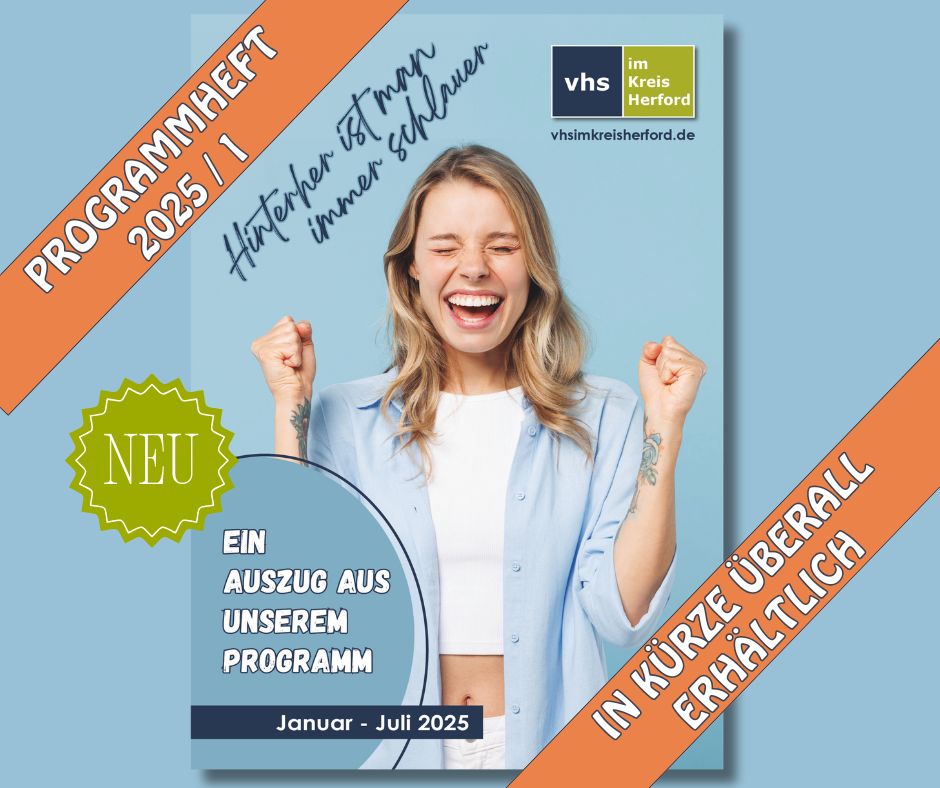 volkshochschule's tweet image. Unser #Programmheft kommt mit neuem #Design und einem Auszug aus unserem vielfältigen Angebot für das erste Halbjahr 2025. 🆕 
Digital könnt ihr das Programmheft hier durchblättern: 👉 vhs.bz/92g9s
#vhs #KreisHerford #NeuesProgrammheft #Programm2025