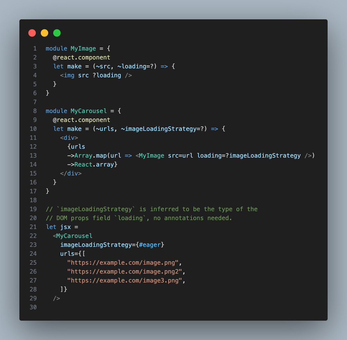 Type inference is simple but powerful. The compiler will infer each type that's unknown by usage. 

A consequence of this is that prop drilling is really simple, because you rarely have to annotate props. Just using the prop in the component defining it is usually enough.
