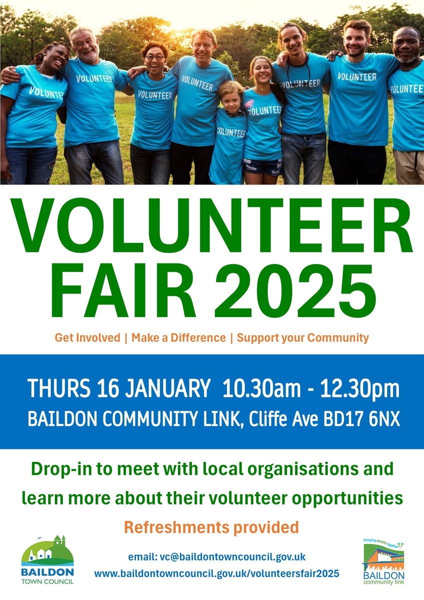 21 fantastic local organisations will be at the Volunteer Fair at <a href="/BaildonLink/">Baildon Community Link</a> on 16 January 2025.
Come along and find out about the amazing work they are doing and how you can get involved.

Click here for more information: baildontowncouncil.gov.uk/volunteer-fair…